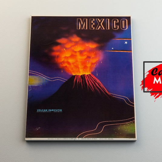 Póster vintage del Volcán Paricutín en erupción con cielo azul nocturno.