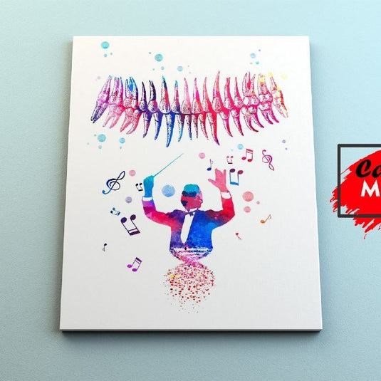 Director de orquesta abstracto con batuta en mano rodeado de notas musicales coloridas y pentagrama estilizado