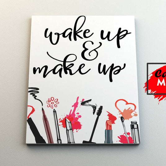 Cuadro decorativo con frase Wake Up & Make Up – arte moderno con tipografía elegante y elementos de maquillaje para estudio de belleza o tocador femenino