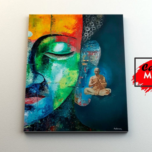 Pintura abstracta de Buda en tonos vibrantes con un monje meditando en un entorno azul.