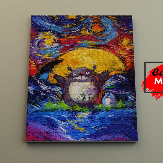 Cuadro decorativo Totoro estilo Van Gogh La noche estrellada – Arte vibrante y colorido en lienzo