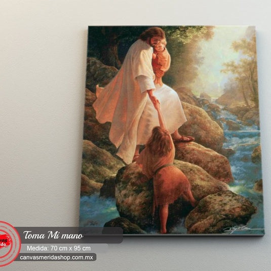 Pintura de Jesús ayudando a una persona en un paisaje natural con río y luz cálida.