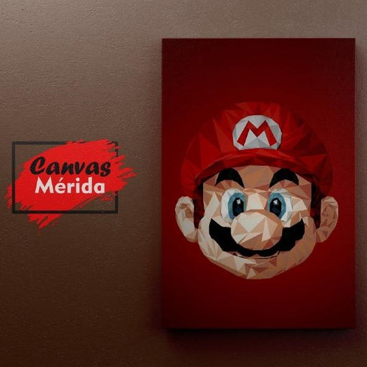 Cuadro geométrico de Super Mario estilo poligonal en fondo rojo