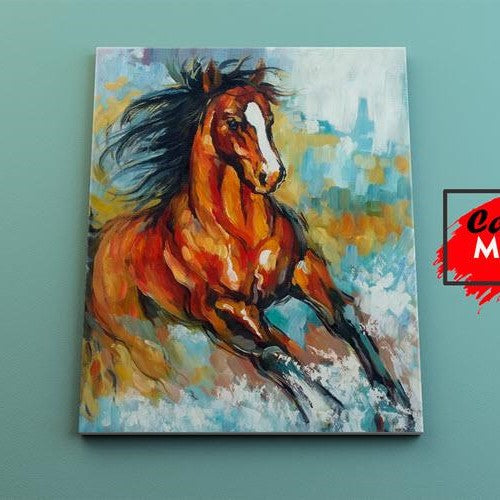Pintura de un caballo al galope en tonos cálidos.
