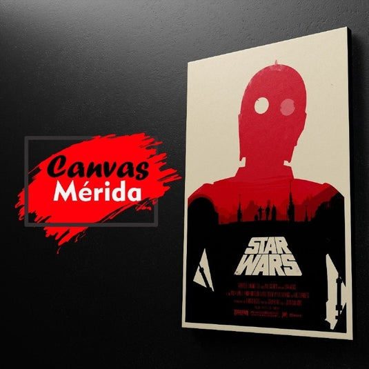 Cuadro decorativo minimalista Star Wars C-3PO estilo poster vintage en tonos rojos y negros