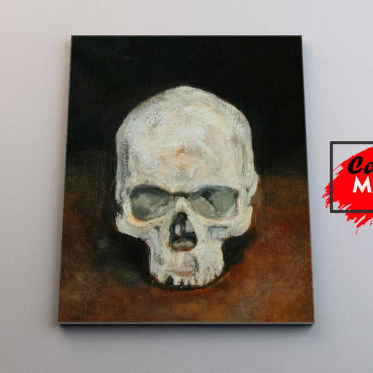 Pintura expresiva de una calavera en tonos oscuros y texturizados.