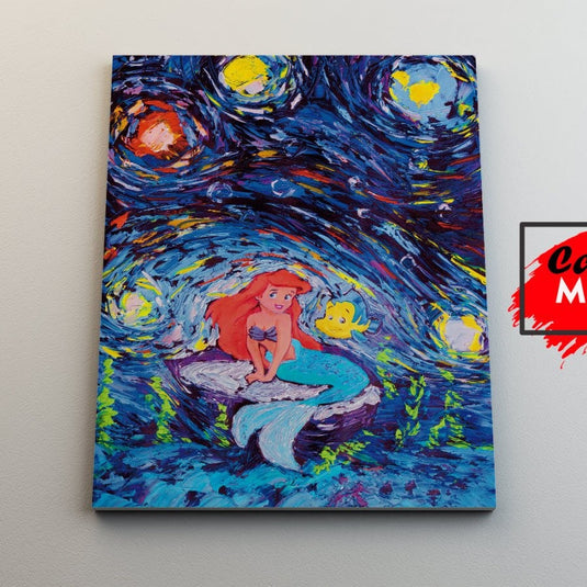 Cuadro decorativo de La Sirenita estilo Van Gogh noche estrellada – arte colorido para pared