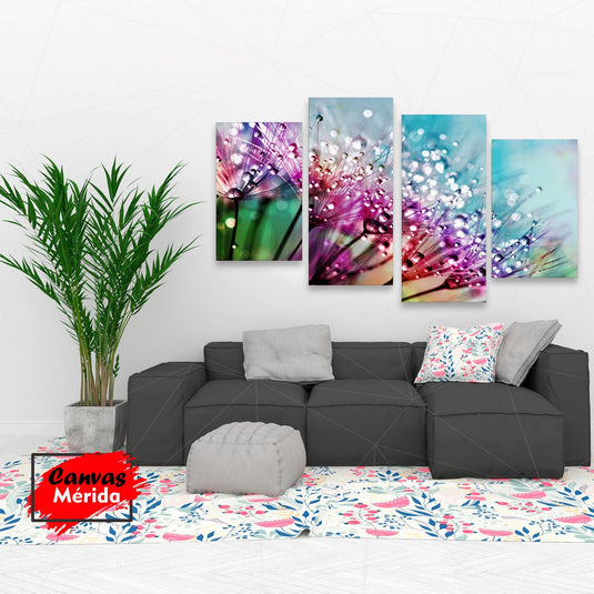Cuadro decorativo floral multicolor en lienzo dividido, arte moderno con gotas de rocío y efecto luminoso