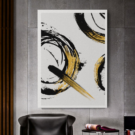 Cuadro decorativo con marialuisa blanca, fondo gris y marcas circulares estilo taza de café en colores negro y amarillo