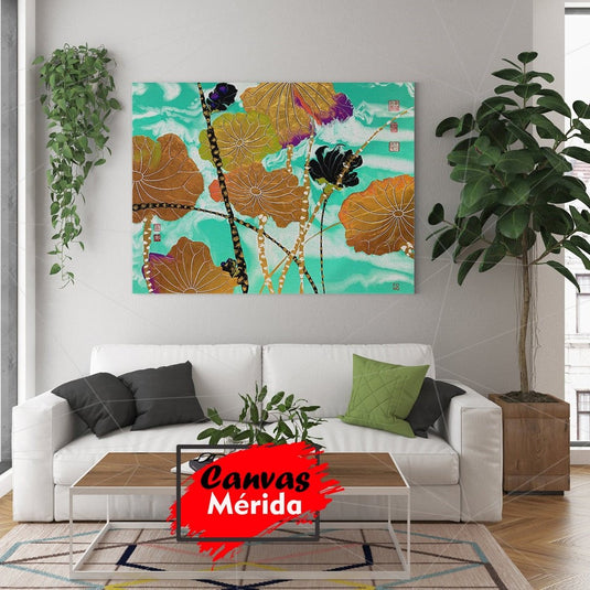 Hojas de loto en tonos de otoño con detalles dorados sobre fondo estilo acuarela turquesa