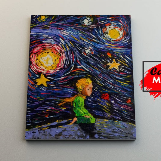 Cuadro decorativo El Principito estilo Van Gogh pintado al óleo con cielo estrellado y rosa roja