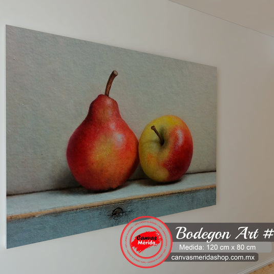 Pera rojiza y manzana amarilla en naturaleza muerta hiperrealista.