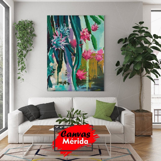 Cuadro decorativo moderno con flores tropicales rosas y verdes en estilo expresionista - Canvas Mérida