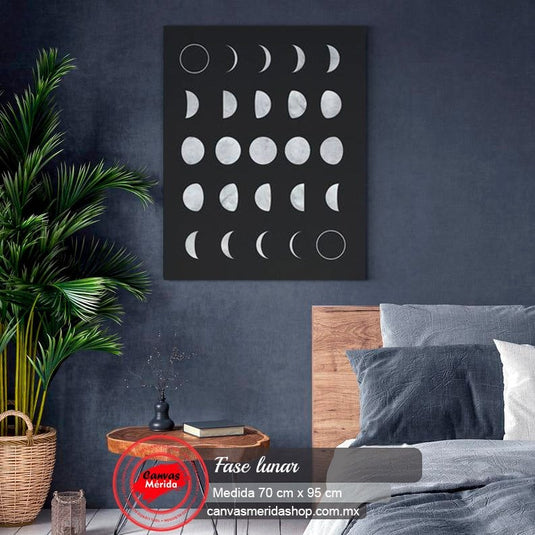 Cuadro de las fases lunares en diseño minimalista blanco y negro.