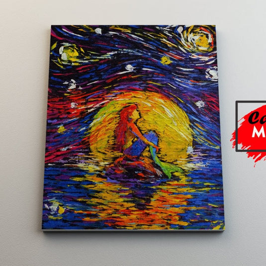 Cuadro decorativo expresionista de La Sirenita bajo un cielo estrellado estilo Van Gogh