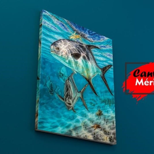 Pintura de peces trevally nadando en aguas cristalinas