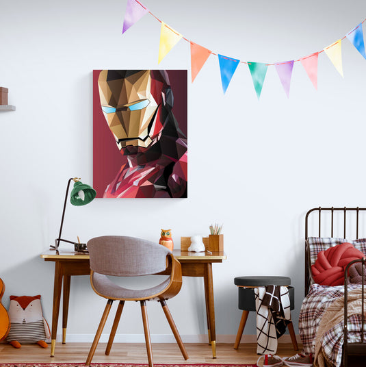 Cuadro geométrico de Iron Man con ojos iluminados en estilo moderno