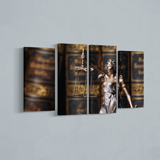 Cuadro poliptico de Lady Justice con balanza y fondo jurídico en tonos dorados