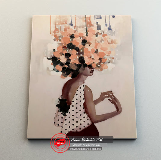 Pintura de figura femenina con cabello floral abstracto y vestido de lunares