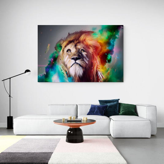 León con fondo cósmico colorido