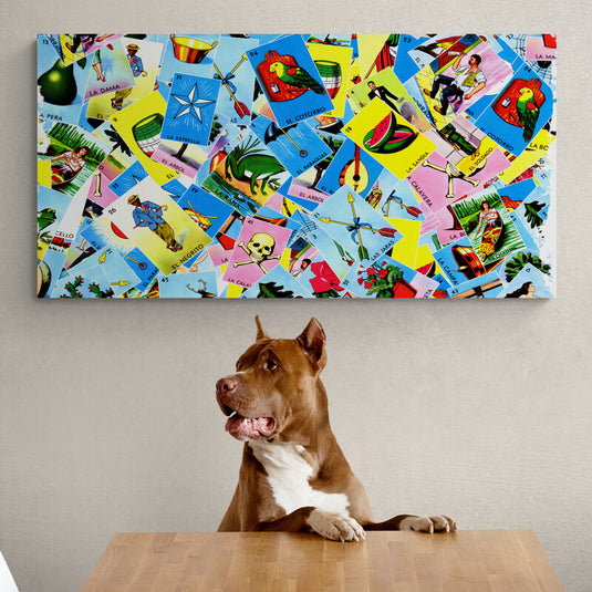 Collage de la Lotería Mexicana con iconos culturales como el catrín, la sirena, el diablito etc.