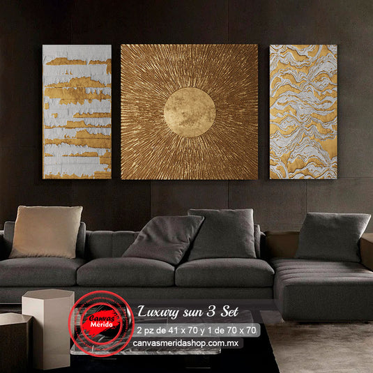 Cuadro tríptico abstracto dorado y plateado Luxury Sun para decoración moderna de sala
