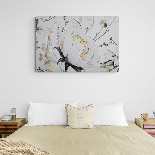 Acuarela minimalista de peonía blanca con flores pequeñas