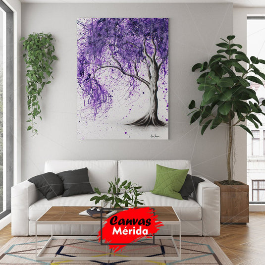 Cuadro Decorativo Minimalista - Árbol Dibujado a Lápiz con Hojas Moradas sobre Fondo Blanco