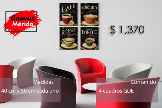 Set de 4 Piezas para Cafetería (3 Modelos Disponibles) - Canvas Mérida Fine Print Art