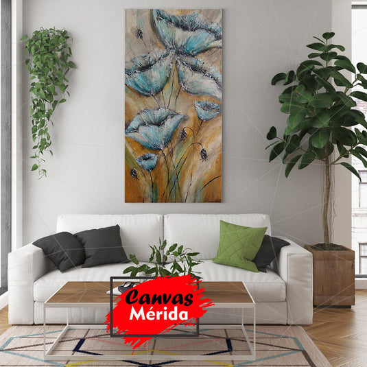 Cuadro moderno con flores azules y doradas