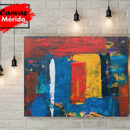 Cuadro abstracto con colores primarios vibrantes y texturas expresivas en estilo contemporáneo