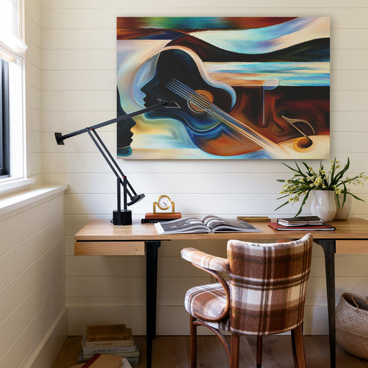 Cuadro decorativo Musical Woman – arte abstracto con silueta femenina y guitarra en tonos cálidos y fríos para decoración moderna y artística