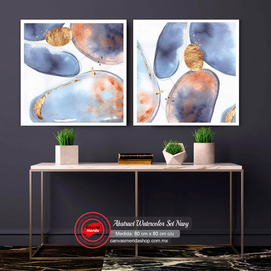 Díptico de acuarelas con formas orgánicas en azul y detalles en oro
