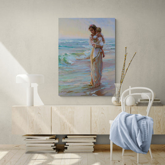 Pintura al óleo de madre e hijo abrazados en la playa