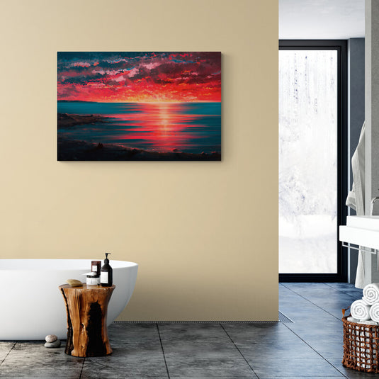 Pintura expresiva de un amanecer rojizo sobre el mar