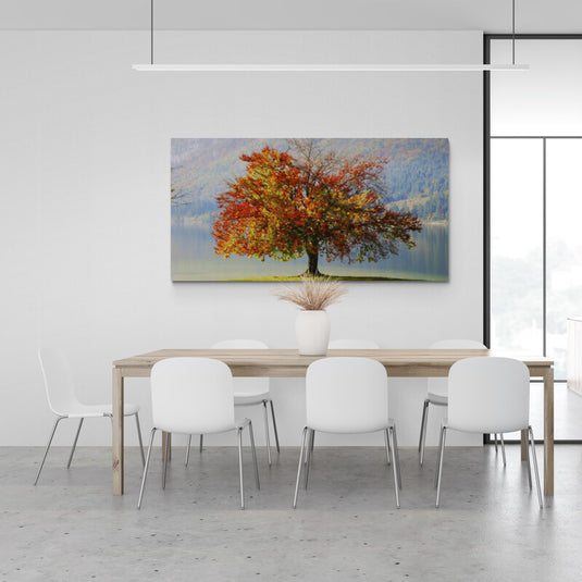 Imagen_ArteDecorativo_ArbolOtoñal_CieloAzul_CespedVerde_FondoNubes": Este cuadro decorativo muestra un vibrante árbol de otoño con hojas en tonos amarillo, naranja y rojo, destacando sobre un fondo azul claro con nubes esponjosas. El tronco del árbol de color café se asienta en un césped verde fresco, creando un contraste con el cielo azul. Ideal para decoración otoñal y amantes de la naturaleza