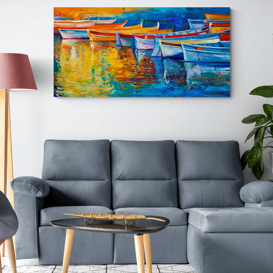 Pintura al óleo expresionista de barcas coloridas en el agua