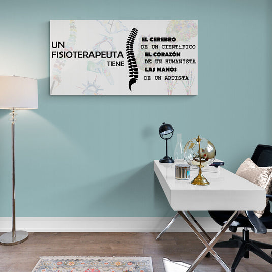 Cuadro decorativo para fisioterapeutas – El cerebro de un científico, el corazón de un humanista y las manos de un artista, con ilustración de columna vertebral y fondo médico artístico.