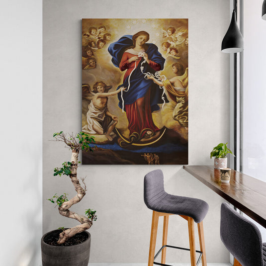 Virgen María desatando nudos rodeada de ángeles