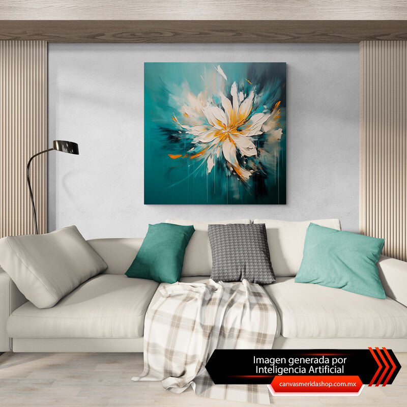 Flor abstracta en tonos aqua, naranja y blanca - Canvas Mérida Fine Print Art