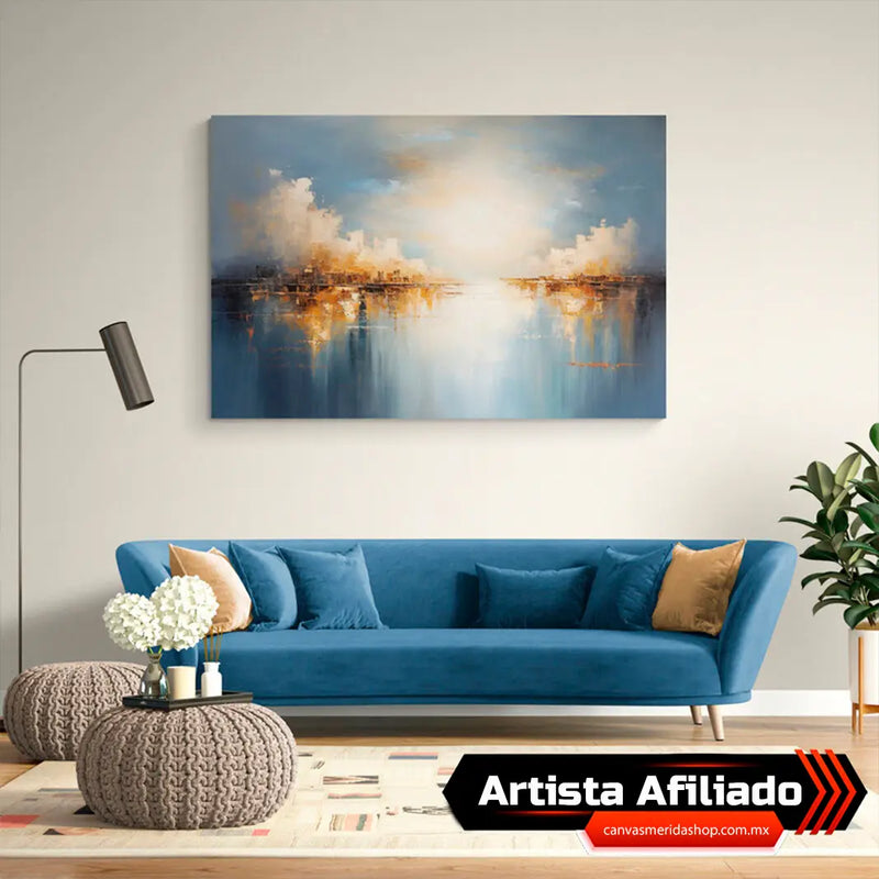 Cuadro Decorativo Abstracto: Cielo Azul y Nubes Grises con Toques Opulentos en Dorado y Cafe