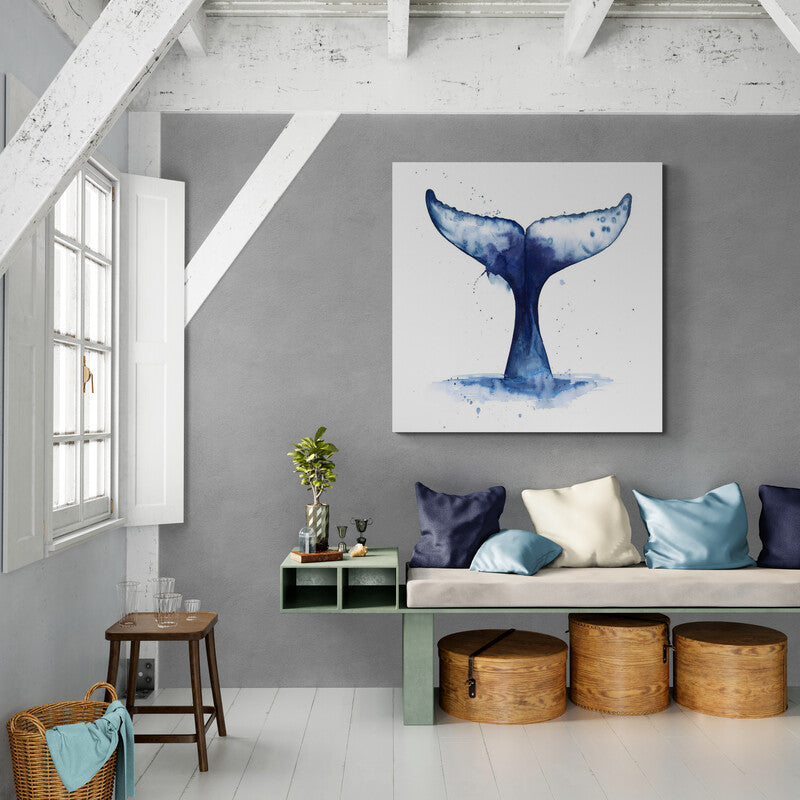 Acuarela minimalista de la cola de una ballena en tonos de azul.