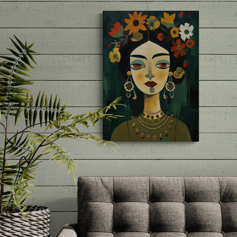 Retrato estilizado de una mujer con corona de flores y joyas, exudando misterio y gracia.