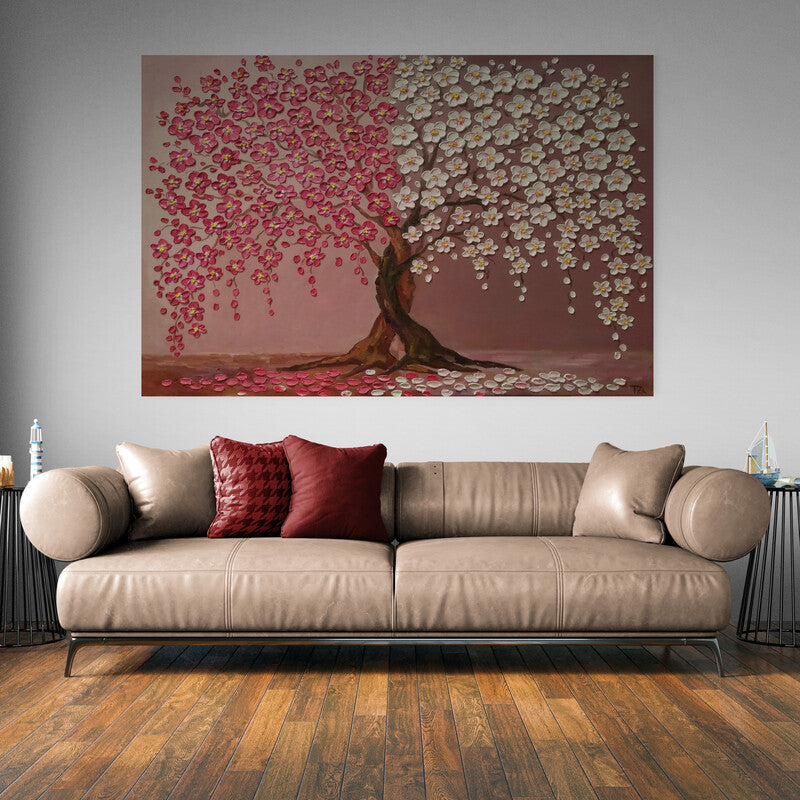 Pintura de un árbol de cerezo con flores rosas y blancas derramando pétalos sobre un fondo rosado.