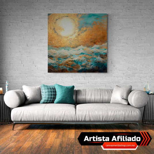 Set de Cuadros Decorativos Abstractos - Sol Dorado, Nubes Negras y Olas en Tonos de Azul, Blanco y Oro