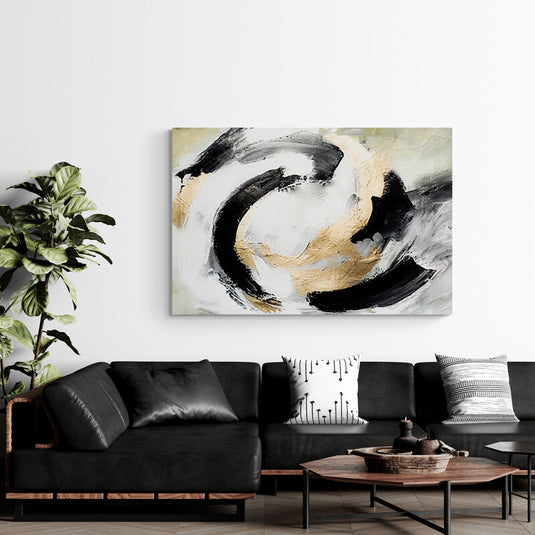 Arte abstracto en negro, blanco y dorado con trazos circulares