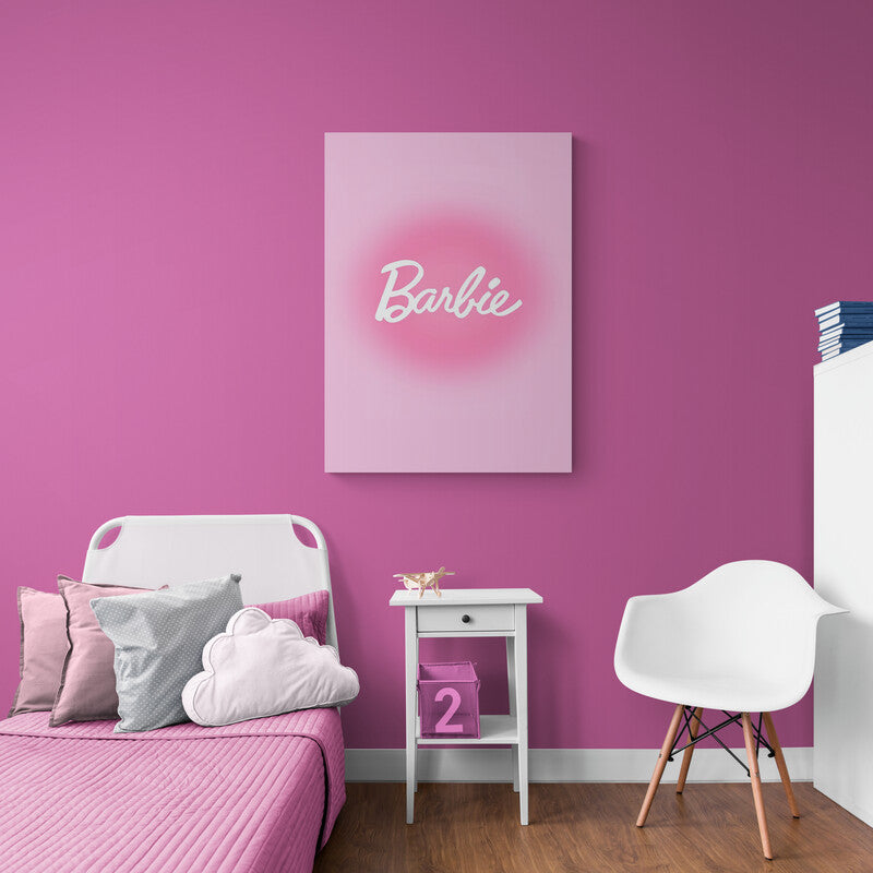 Cuadro decorativo de fondo rosado con la palabra 'Barbie' en blanco - Elegante y encantador elemento de decoración