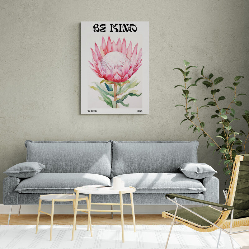 Pintura de una flor de protea en acuarela con el mensaje 'BE KIND' en la parte superior