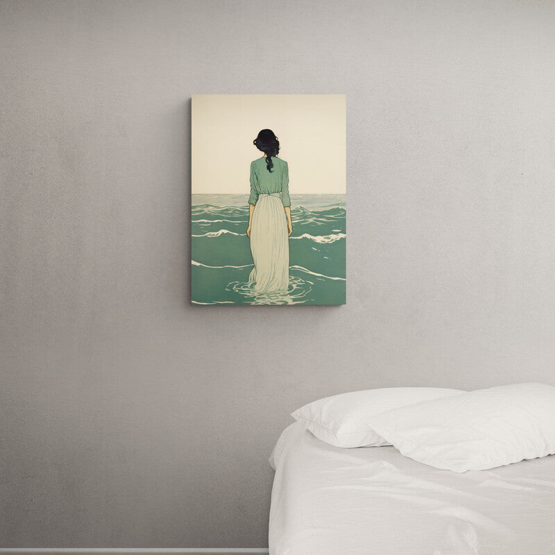 Ilustración de mujer de espaldas mirando el mar