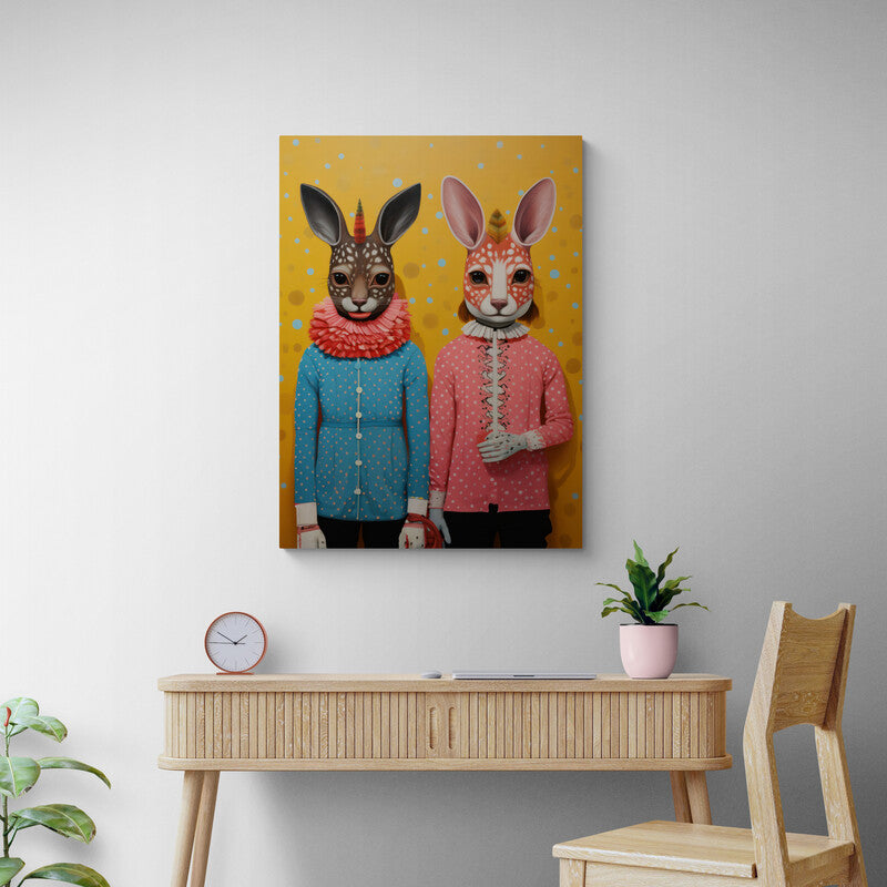 Dos conejos antropomórficos en trajes coloridos sobre fondo de lunares